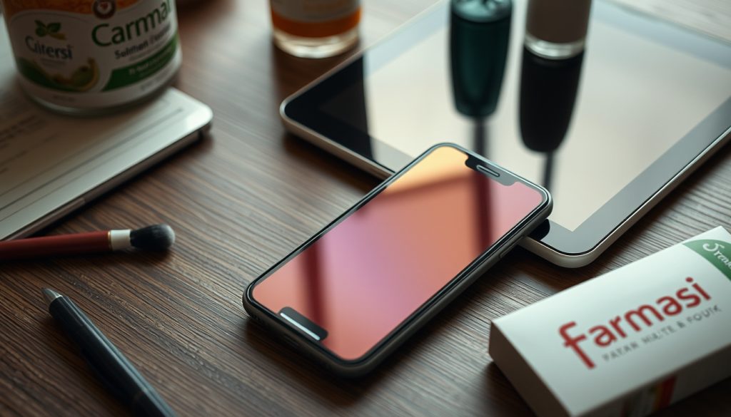 movil rodeado de productos de farmasi dando a entender que las ventas de farmasi se potencian desde el ámbito digital