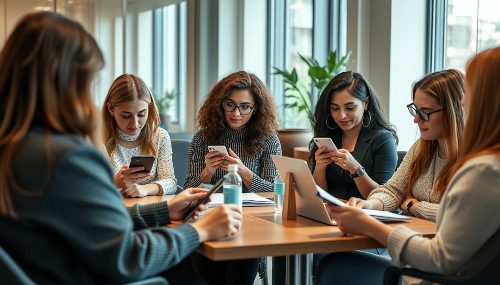 grupo de farmasi influencers viendo sus redes sociales en el movil para ver el alcance de sus publicaciones de venta de farmasi