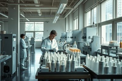 hombre y mujer en laboratorio de farmacity de farmsi comprobando el resultado de formulas de nuevos productosd de farmasi