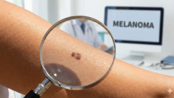 Melanoma Lo que tu piel intenta decirte. persona observando a traves de la lupa un lunar en su brazo