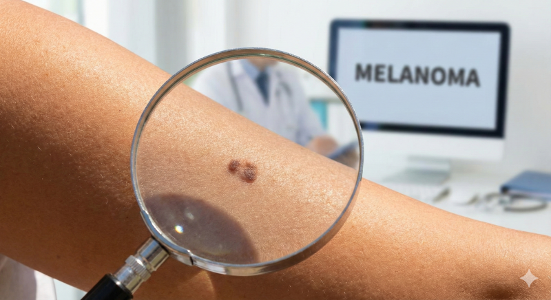 Melanoma Lo que tu piel intenta decirte. persona observando a traves de la lupa un lunar en su brazo